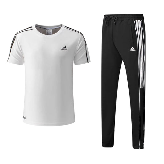 Ensemble Adi-das Tech Coton – T-shirt & Pantalon Jogging avec fermeture 3 stripes (Blanc/Noir) TPMSCA03