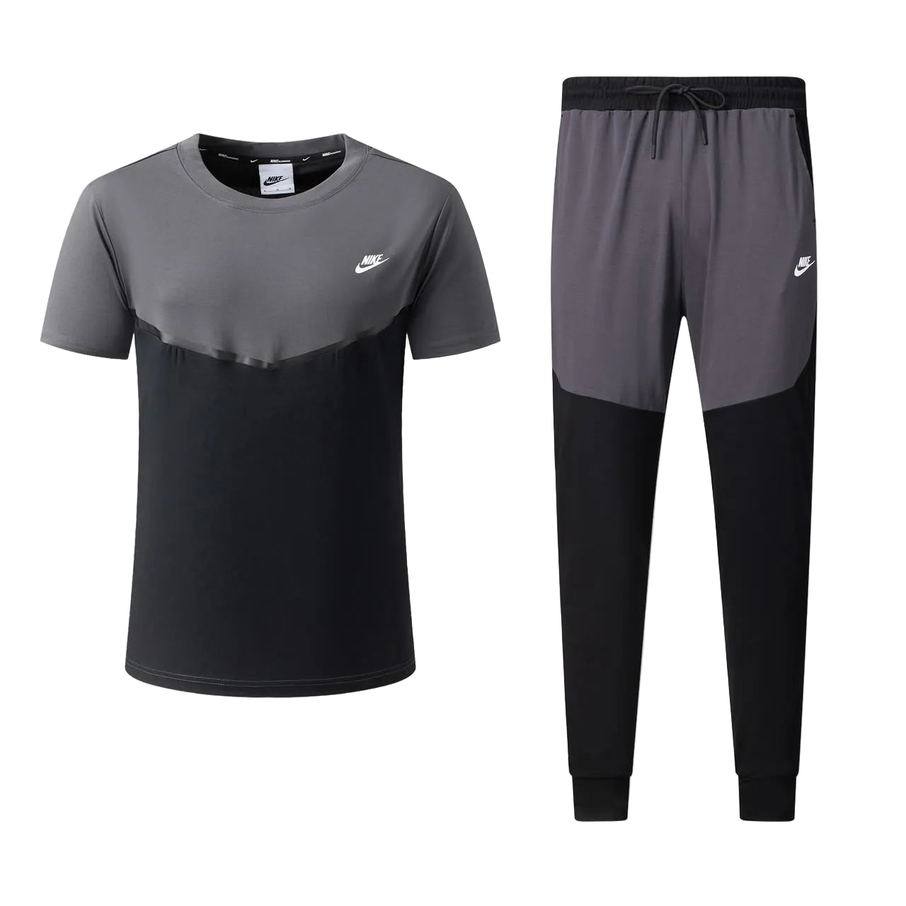 Ensemble Ni-ke Tech Coton – T-shirt & Pantalon Jogging avec fermeture Tech (Noir/Gris) TPMSCNT06