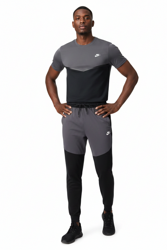 Ensemble Ni-ke Tech Coton – T-shirt & Pantalon Jogging avec fermeture Tech (Noir/Gris) TPMSCNT06
