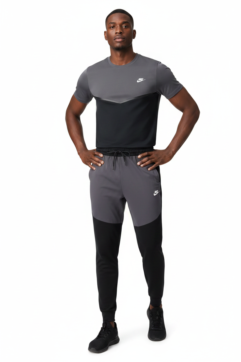 Ensemble Ni-ke Tech Coton – T-shirt & Pantalon Jogging avec fermeture Tech (Noir/Gris) TPMSCNT06
