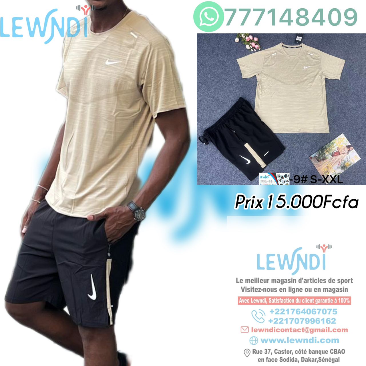 Ensemble T-shirt fitness plus short avec fermeture Nike (Biege/Noir) MSTSN10