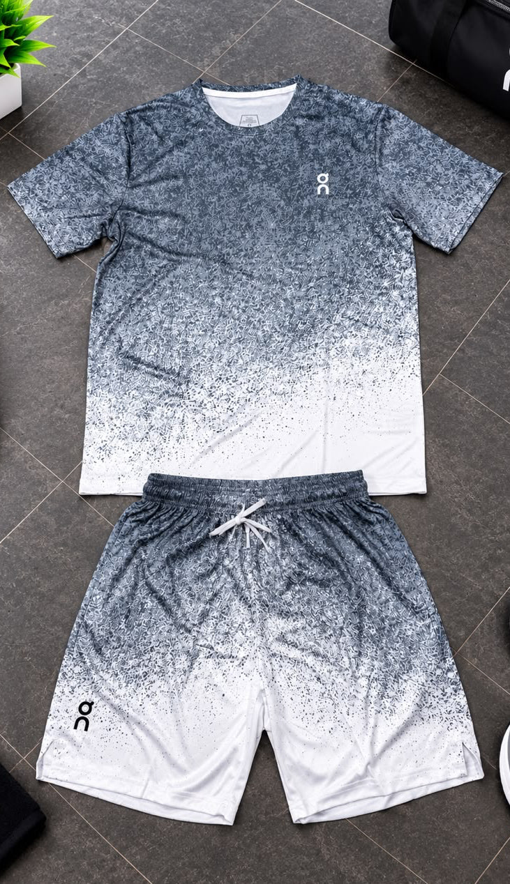 Ensemble Loisir T-shirt & Short avec fermeture – Dégradé Gris et Blanc