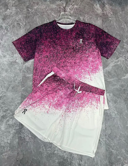 Ensemble Loisir T-shirt & Short avec fermeture – Dégradé Rose, Noir et Blanc