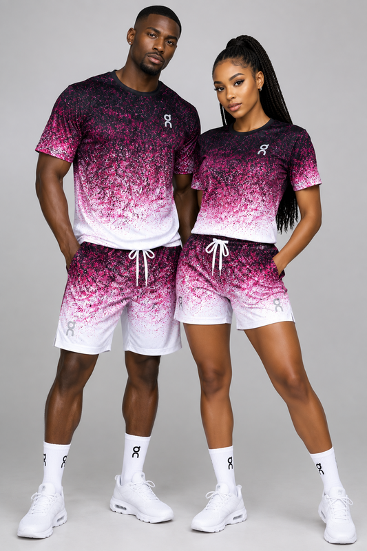 Ensemble Loisir T-shirt & Short avec fermeture – Dégradé Rose, Noir et Blanc